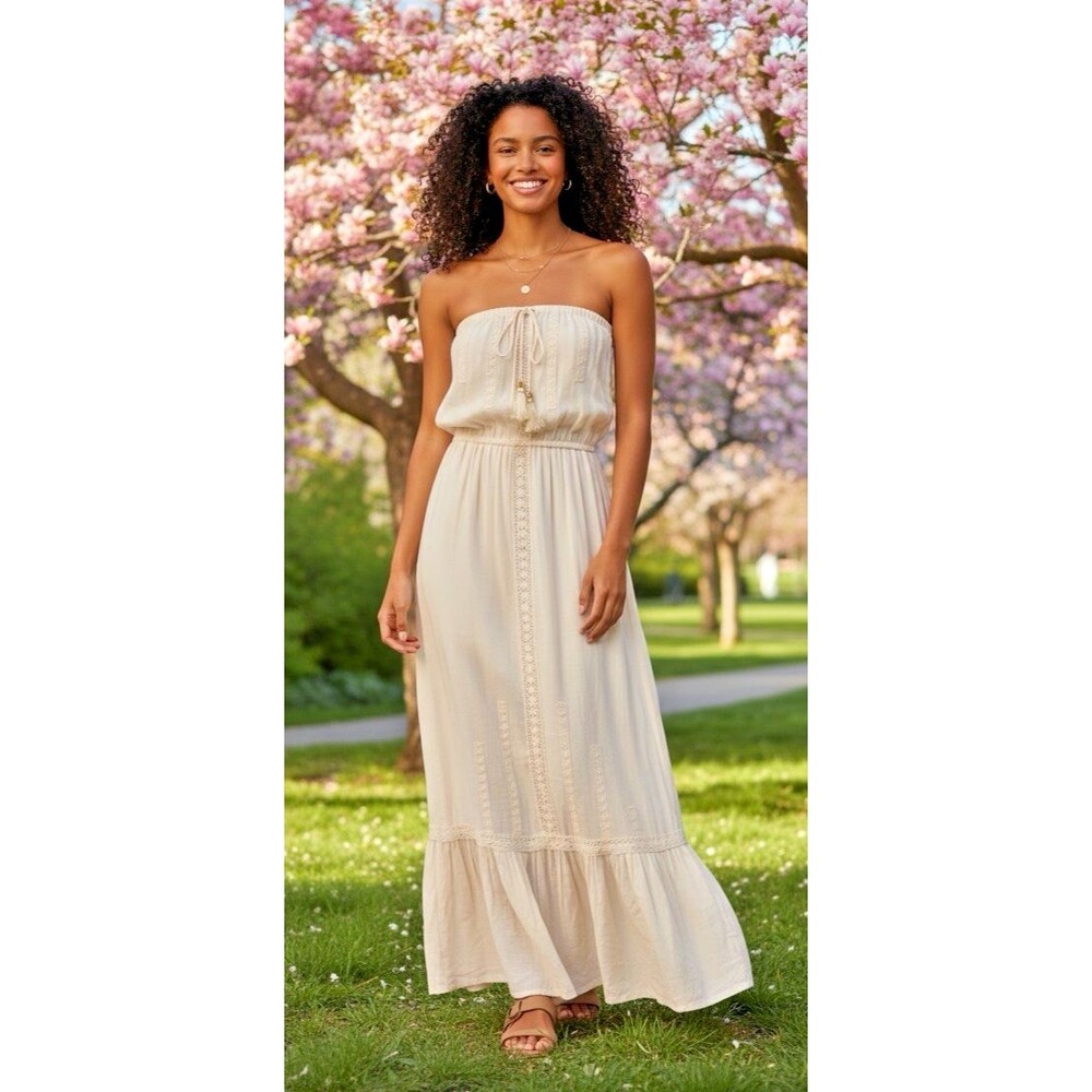Free People NEW sleeveless drawstring maxi boho tassle 100% cotton raw hem M